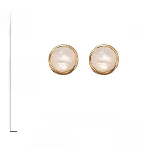 Detail showing 2.5cm round resin earrings with golden base and S925 silver needles