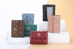 Multi-color quilted PU leather card holders with gold hexagonal buckle detail