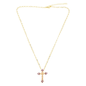 Golden cross necklace with purple drop gemstones and twisted rope texture on white background