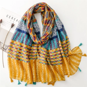 Ethnic Geometric Print Scarf Polyester Shawl With Tassels Bohemian Sun Protection Wrap For Women Lightweight Soft