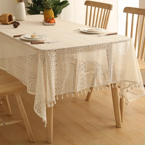 Lace Tablecloth Hollow Out Crochet With Tassels Beige Polyester Farmhouse Rustic Dining Table Cover Holiday