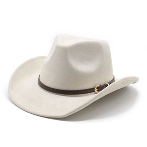 Classic western faux suede cowboy hat in beige with decorative brown leather belt and buckle
