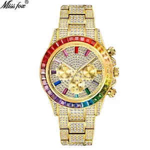 Men Luxury Quartz Watch Iced Out Full Diamond Rainbow Bezel Hip Hop Fashion Wristwatch Stainless Steel Waterproof Luminous