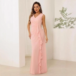 Pink V-neck chiffon mother of the bride dress with elegant side ruffles for weddings