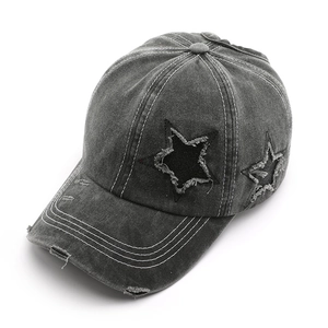 Retro washed charcoal baseball cap with distressed star patch and white stitching
