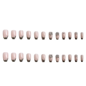 Press-on nails in mocha pink with metallic grey French tips and star pearl accents