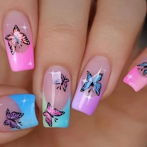 French press-on nails with colorful butterflies, stars and pastel gradients set of 24