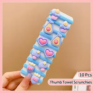 Detailed set of 10 light blue thumb towel scrunchies with colorful resin cartoon charms