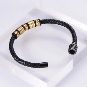 Men's black braided leather bracelet with 18k gold plated stainless steel magnetic clasp