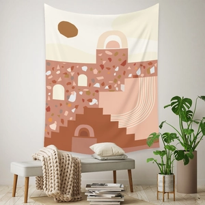 Detail of bohemian tapestry featuring abstract geometric arches and warm terracotta tones
