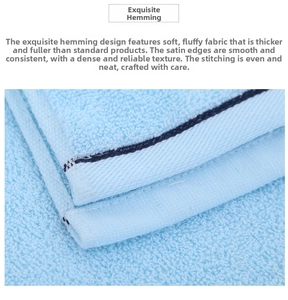 Macro detail of light blue cotton towel showing neat satin edges and soft plush loops texture