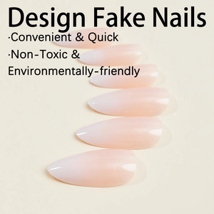 Almond-shaped press-on nails with white gradient effect on a minimalist beige background