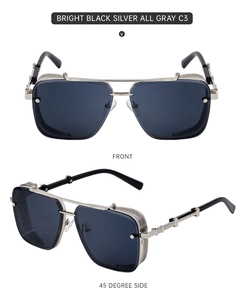 Steampunk square frame sunglasses in bright black and silver showing front and side views