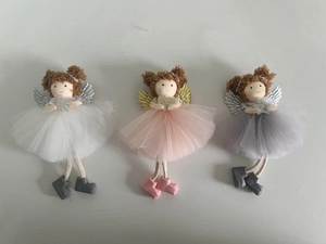 Three plush Christmas angel dolls with mesh skirts and wings in white, pink and gray