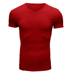 Detail of red V-neck men's fitness t-shirt showing ribbed knit fabric texture and seams