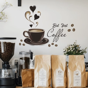 Creative coffee cup wall decal with heart steam and But First Coffee quote for kitchen decor