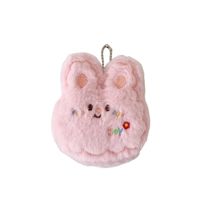 Pink plush rabbit cosmetic mirror and keychain with JOY embroidery and metal chain