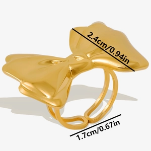 Detailed dimensions of the gold bow ring showing width of 2.4cm and ring opening size