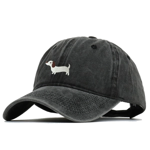 Vintage dark grey washed cotton baseball cap with embroidered dachshund dog pattern