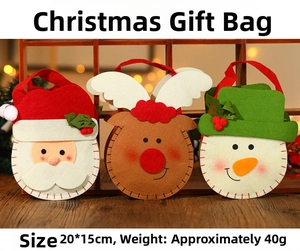 Detailed view of 3D Santa, reindeer, and snowman felt gift bags measuring 20x15cm