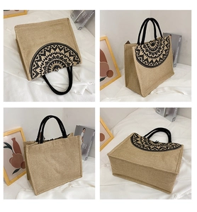 Detail view of ethnic jute tote bag with black mandala pattern from multiple angles