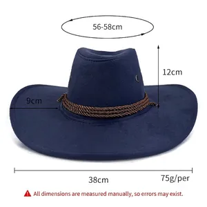Navy blue wide brim faux suede cowboy hat with detailed dimension measurements
