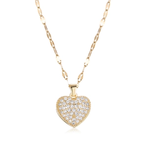 Elegant 18K gold heart pendant necklace with micro-set zircon stones on water wave chain