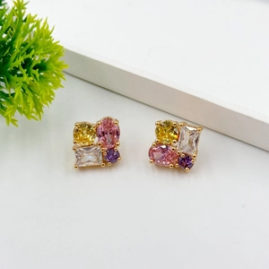 Asymmetrical Multi Color Zirconia Stud Earrings Brass Gold Plated Geometric Shaped Jewelry With 925 Sterling Silver Earring Post For Women