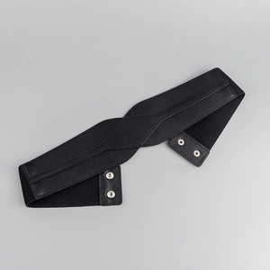 Wide black elastic waist belt with faux leather front and silver metal snap buttons