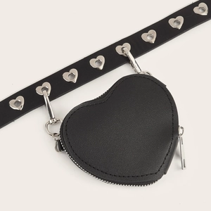 Mini heart-shaped waist bag in black litchi leather with punk style eyelet belt