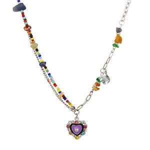 Y2K style colorful beaded heart pendant necklace with natural stone and silver chain