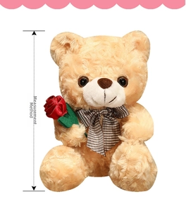 Detail of plush teddy bear holding a red rose with measurement guide on white background
