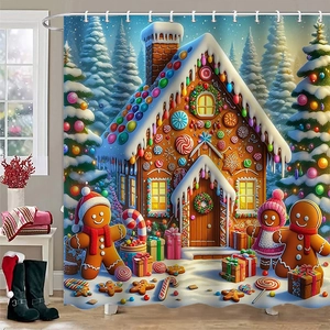 Detail view of waterproof polyester shower curtain with a vibrant Christmas gingerbread house