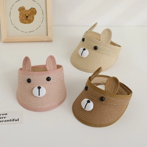Detailed straw sun visor for kids with cute animal ears in pink, beige, and tan colors