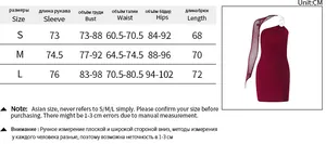 Size chart for the one-shoulder mini dress detailing sleeve, bust, and waist measurements