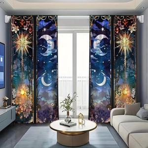 Detailed view of sun and moon patterned blackout curtains in a modern living room setup