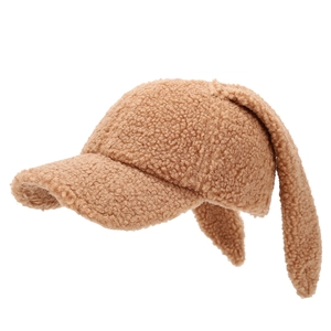 Cute lamb wool baseball cap with long rabbit ears in camel brown for winter fashion