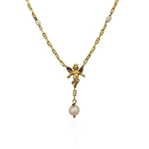 Golden cupid angel pendant necklace with white pearls and anchor chain on white background