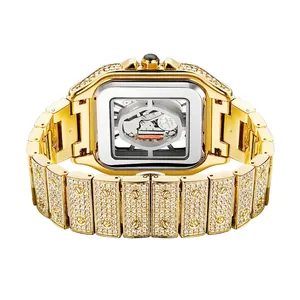 Luxury Men Iced Out Square Watch Skeleton Dial Rhinestone Inlay Hip Hop Gold Plated Stainless Steel Waterproof Quartz Wristwatch