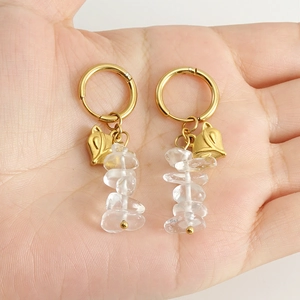 18K Gold Plated Stainless Steel Hoop Earrings With Fox Pendant And Natural Stone Crystal Beads Dangle For Women