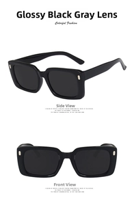 Front and 45-degree side view of shiny black square sunglasses with grey lenses