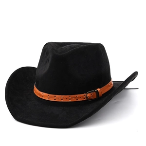 Detail of black felt cowboy hat with brown leather band and rustic metal buckle