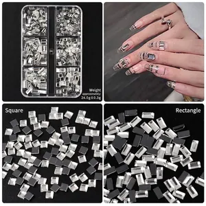 Flatback nail art rhinestones set in 6-grid box with square and rectangle crystal shapes