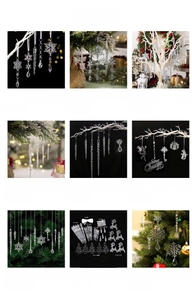 Detailed grid of transparent acrylic Christmas tree ornaments including snowflakes and icicles