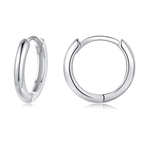 Pair of minimalist silver hoop earrings with a polished finish on a white background
