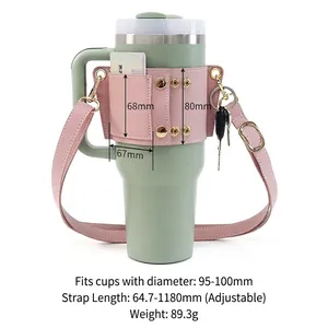 Pink leather water bottle carrier for Stanley 30/40oz with adjustable shoulder strap