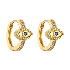 Gold-plated hoop earrings featuring evil eye charm with blue zircon and pavé crystals