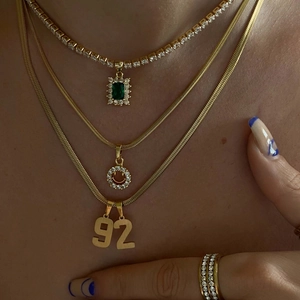 Layered 18k gold plated titanium steel necklaces with emerald cut and number 92 charms