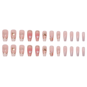 Pink gradient press-on nails set with gold foil heart and floral long coffin shape