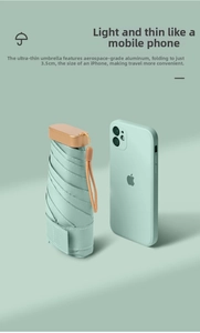 Slim 3.5cm thick mint green folding umbrella shown next to a smartphone for size